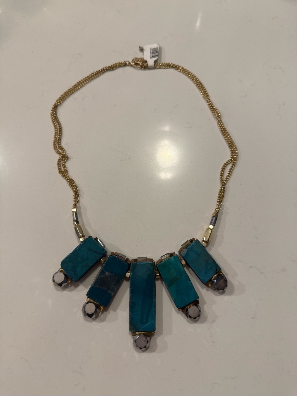 Gold Chain Turquoise Statement Necklace - Teal Gem Pendant